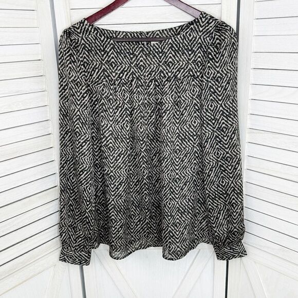 Ann Taylor Loft Printed Pullover Blouse Cream Black Medium Long Sleeve - Picture 7 of 12